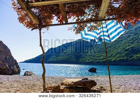 Sea And Sandy Vlychada Beach At Sunny Day. Tranquil Scene. Dyllic Relaxation Place In Greece.