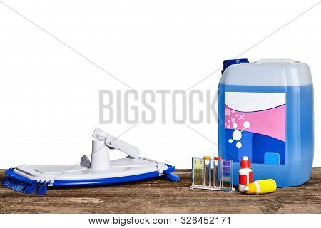 Equipment With Chemical Cleaning Products And Tools For The Maintenance Of The Swimming Pool On A Wo