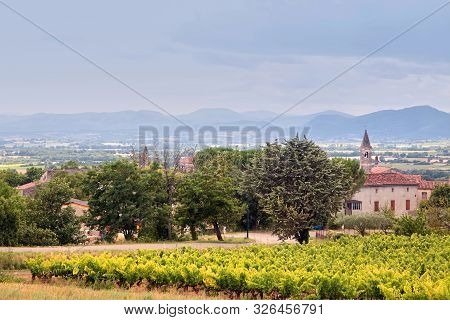 View Of The Vineyard And The Old Town Of Barjac, Southern France. Beautiful Landscape With A Bell To