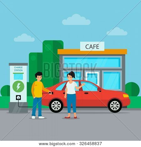 Electric Car Charging Station Icon With Cafe, Boy And Girl Charging The Car.