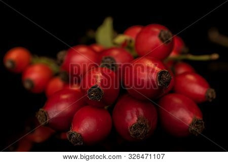 Lot Of Whole Bright Fresh Red Rosehip Cluster Isolated On Black Glass