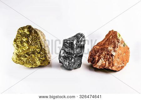 Group Of Precious Stone Gold Silver Bronze On White Background