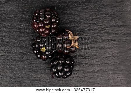 Group Of Four Whole Fresh Black Blackberry Flatlay On Grey Stone