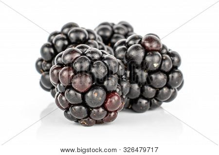 Group Of Four Whole Fresh Black Blackberry Isolated On White Background