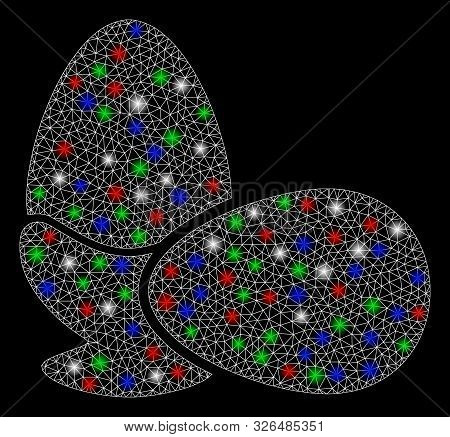 Bright Mesh Boiled Eggs With Glare Effect. White Wire Carcass Triangular Network In Vector Format On