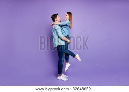 Fulll Length Profile Side Photo Of Romantic Couple Of Sweethearts Hug Hold Girl Have Romance Date Ho