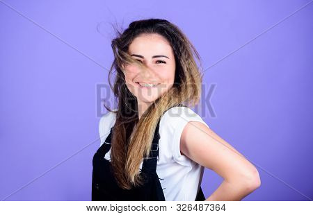 Hair Crimping Method Styling Hair Becomes Wavy Zigzag Fashion. Popular Look. Woman Smiling Face Posi