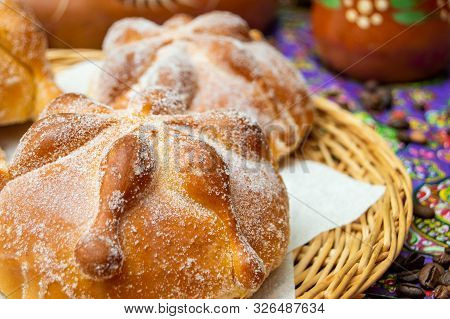 Traditional Mexican Bread Of The Dead (pan De Muerto) With Coffe