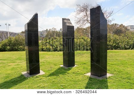 Tel Aviv, Israel - March 17, 2019: Fallen Soldiers Memorial Garden With Granite Monuments In Yarkon 