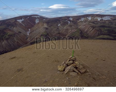 View From Top Of Brennisteinsalda Mountain Peak On Scenic Panorama Of Colorful Volcanic Landmannalau
