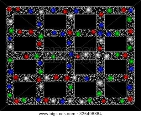 Bright Mesh Grid With Glow Effect. White Wire Frame Polygonal Mesh In Vector Format On A Black Backg