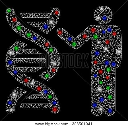 Bright Mesh Genetics Report With Glare Effect. White Wire Frame Triangular Network In Vector Format 
