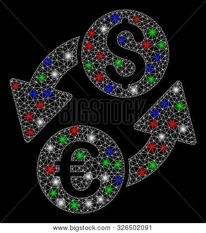 Bright Mesh Euro Dollar Exchange With Glare Effect. White Wire Frame Triangular Mesh In Vector Forma