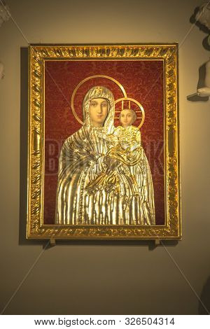 Tyniec, Krakow, Poland, August 3, 2019: Picture Of The Virgin Mary With Jesus In Benedictine Abbey I