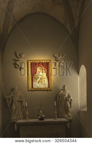 Tyniec, Krakow, Poland, August 3, 2019: Picture Of The Virgin Mary With Jesus In Benedictine Abbey I