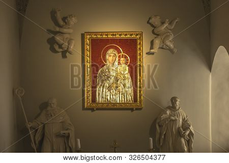 Tyniec, Krakow, Poland, August 3, 2019: Picture Of The Virgin Mary With Jesus In Benedictine Abbey I