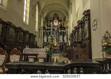 Tyniec, Krakow, Poland, August 3, 2019: Interior Of The Church At The Benedictine Abbey In Tyniec Ne