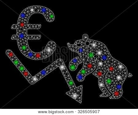Bright Mesh Euro Bear Stock Trend With Lightspot Effect. White Wire Frame Triangular Mesh In Vector 