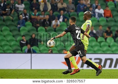 Krasnodar, Russia - October 3, 2019: Younes Namli Of Fc Krasnodar Battle For The Ball With Allan Nyo