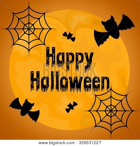 Happy Halloween Card Wid Spiderwebs And Bats - Vector Illustration