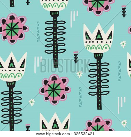 Floral Hand Drawn Color Vector Seamless Pattern. Abstract Cartoon Flowers On Blue Background. Freeha