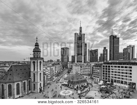 Frankfurt, Germany - April 3, 2014: View To Skyline Of Frankfurt With Hauptwache On In Frankfurt, Ge