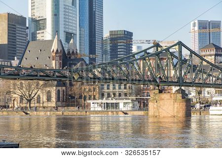 Frankfurt, Germany - Jan 9, 2018: Panoramic View Of Frankfurt Am Main, With Pedestrian Bridge Eisern