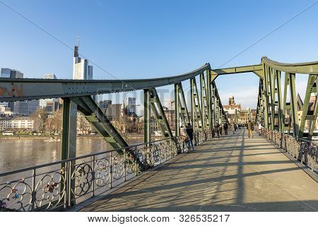 Frankfurt, Germany - Jan 9, 2018: Panoramic View Of Frankfurt Am Main, With Pedestrian Bridge Eisern