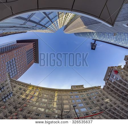 Frankfurt, Germany - Bebruary 27, 2018:  Fisheye Perspective Of Skyscraper In The Banking Center Of 