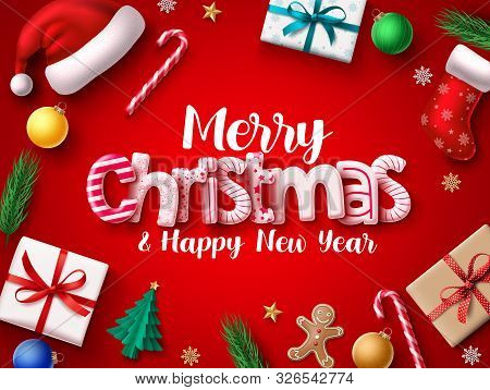 Christmas Vector Banner Design. Merry Chistmas Greeting 3d Realistic Typography Text With Xmas Decor