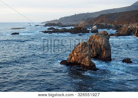 Sunset In Garrapata State Park On Monterey Coast, California In Summer.