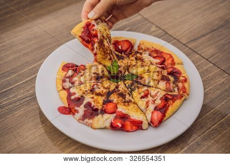 Woman Eating Delicious Strawberry Pizza On A Balinese Tropical Nature Background. Bali Island, Indon