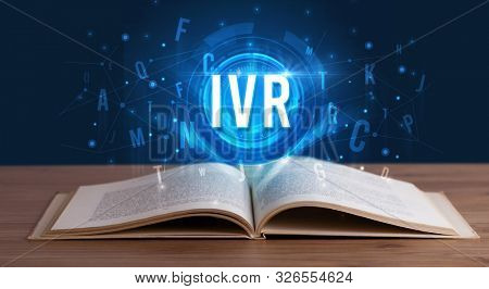 IVR inscription coming out from an open book, digital technology concept