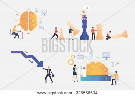 Crisis Management Illustration Set. Playing Chess, Brainwork, Working On Computer. Business Concept.