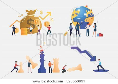 Finance Management Illustration Set. People Investing Money, Travelling, Stopping Crisis, Playing Ch