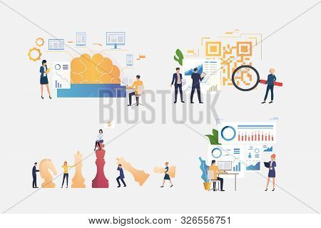 Marketing Analysis Illustration Set. People Presenting Infographics And Reports, Studying Brainwork 