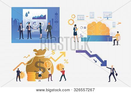 Set Of Crisis Management Illustrations. Businesspeople Shaking Hands, Trading On Stock, Stopping Dec