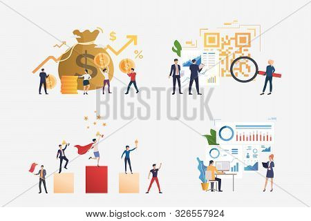 Successful Business Illustration Set. People Constructing Chart, Holding Money, Winning Prize. Busin