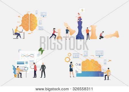 Working On Business Strategy Illustration Set. Playing Chess, Using Computer, Analyzing Charts, Gene