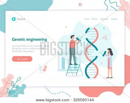 Genetic Engineering. Scientists Change Parts Of The Dna Sequence. Web Banner Design Template. Flat V