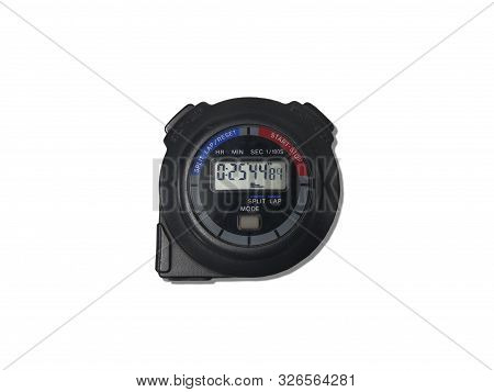 Black Color Stopwatch Isolated On White Background, Stopwatch Is Special Watch With Buttons That Sta