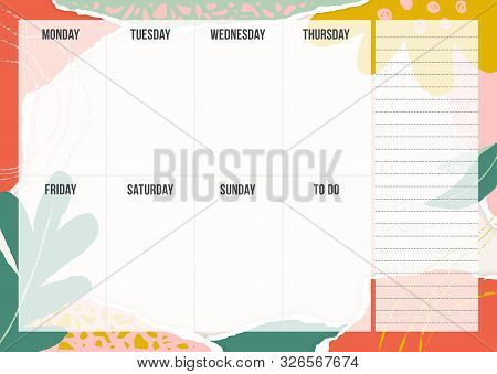 Stylish Weekly Planning Template With Pieces Of Torn Paper, Flower And Chalk Line. Blank Weekly Plan