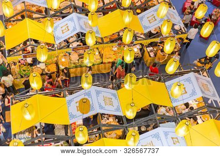 Vegetarian Festival (j Festival) In Thailand Shopping Mall Vegan Food Stall Decoration With Yellow F