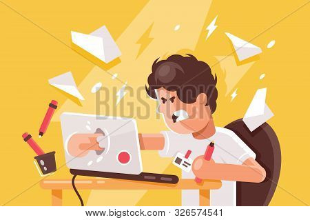 Stressed Angry Young Man Crashed Laptop At Work. Concept Stundent, Businessman, Employee Feels Worri