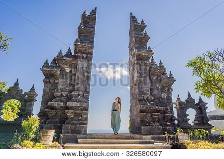 Young Woman Tourist In Budhist Temple Brahma Vihara Arama Banjar Bali, Indonesia