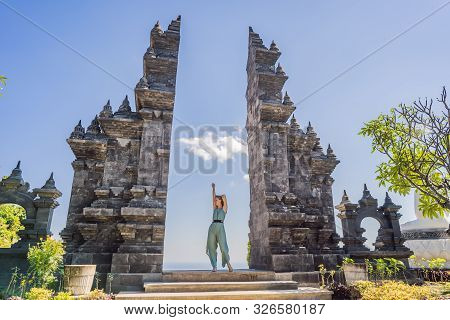 Young Woman Tourist In Budhist Temple Brahma Vihara Arama Banjar Bali, Indonesia