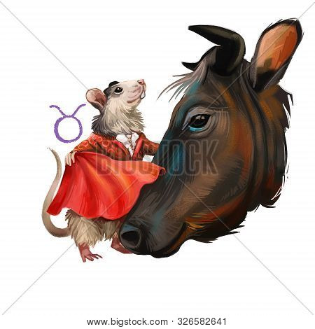 Taurus Creative Digital Illustration Of Astrological Sign. Rat Or Mouse Symboll Of 2020 Year Signs I