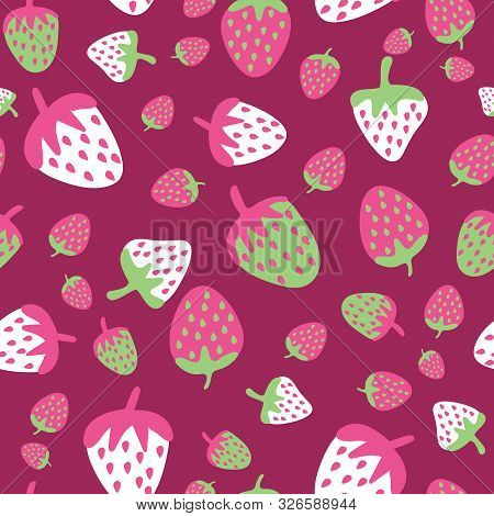 Strawberry Fruit Pink Seamless Repeat Vector Pattern. Pink, Green And White, Background, Abstract Co