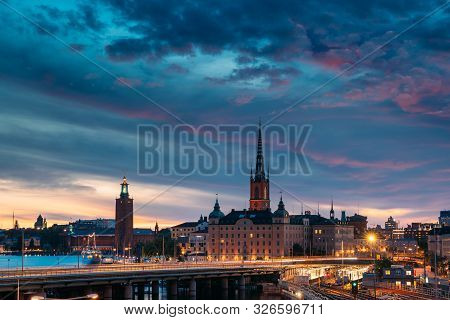Stockholm, Sweden. Scenic View Of Stockholm Skyline At Summer Evening Night. Famous Popular Destinat