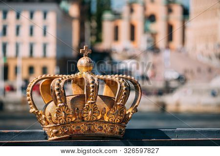 Stockholm, Sweden. Skeppsholmsbron - Skeppsholm Bridge With Its Famous Golden Crown In Stockholm, Sw
